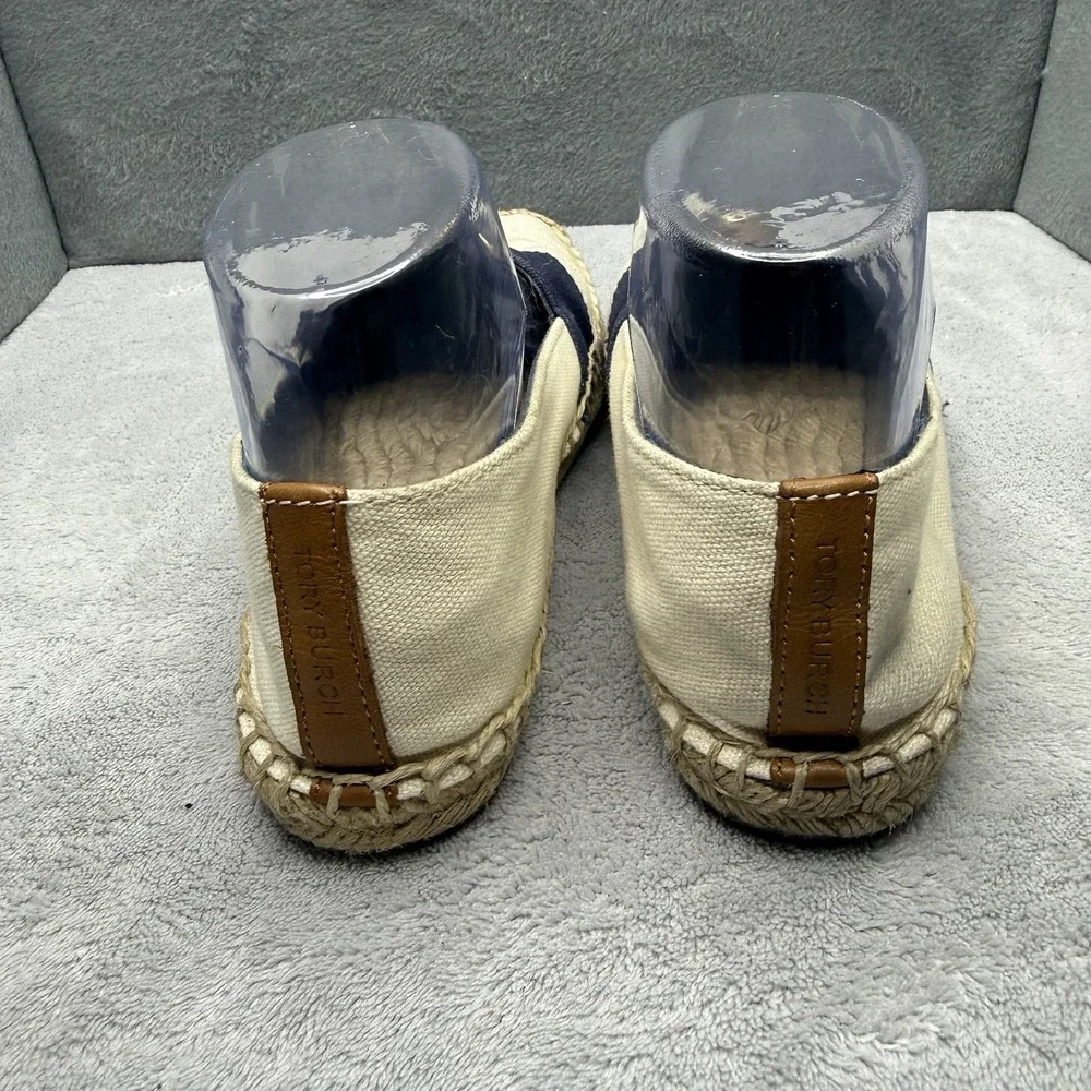 Tory Burch Beacher Espadrille Flats Ivory Navy Gold Logo Women's Size 7M